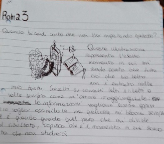 Francesca wanted to insert in the text a drawing in which she effectively represents herself while trying to demolish the wall she feels has risen between her and history, the discipline with which she has more problems, since her debut in course of the first cycle.